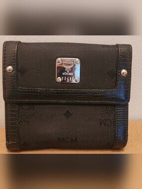 MCM Black Unisex Monogram Canvas/Leather Wallet with Silver Logo